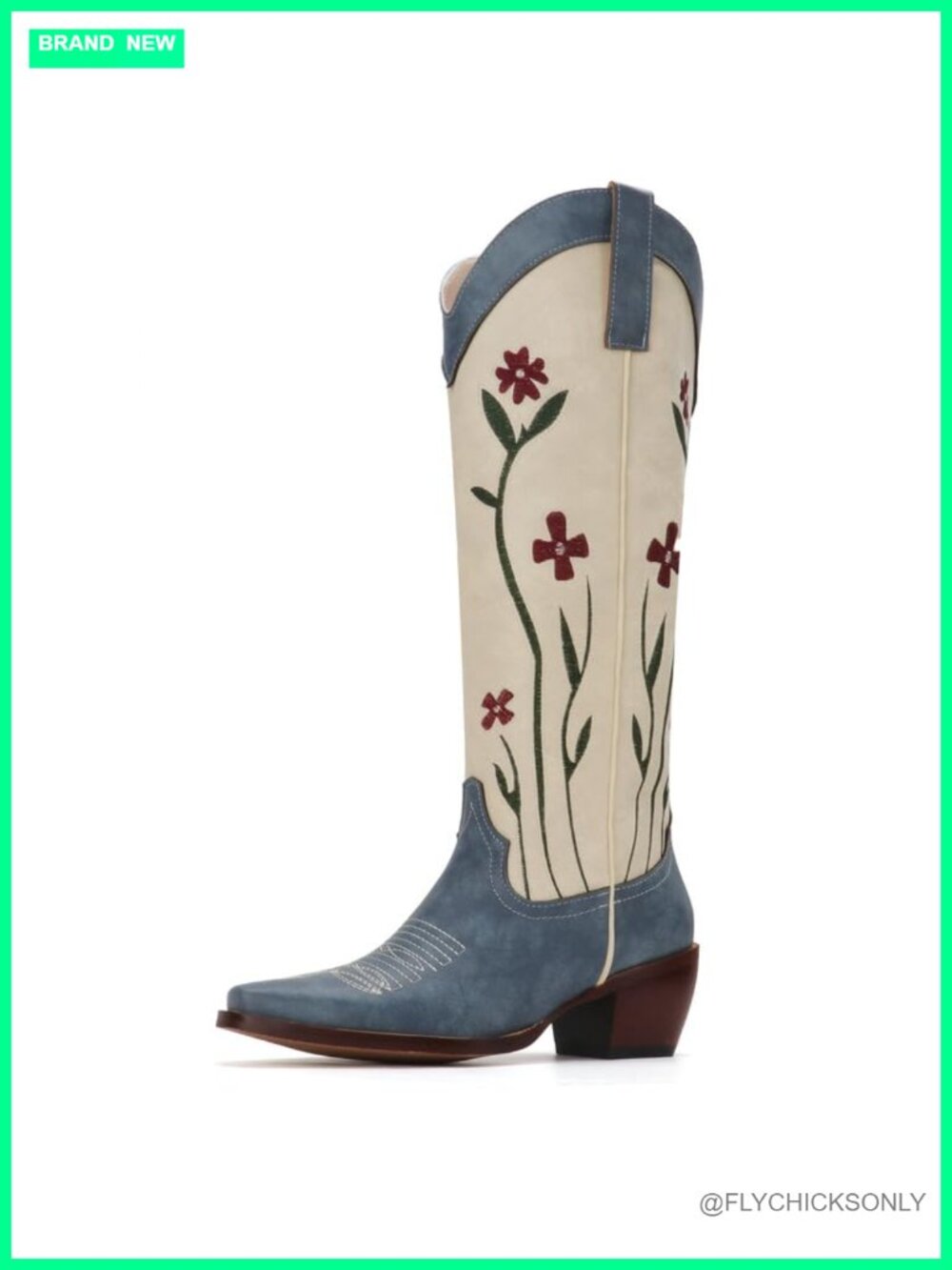 Floral Embroidered Cowboy Boots Knee High Western Faux Leather Pointed Toe